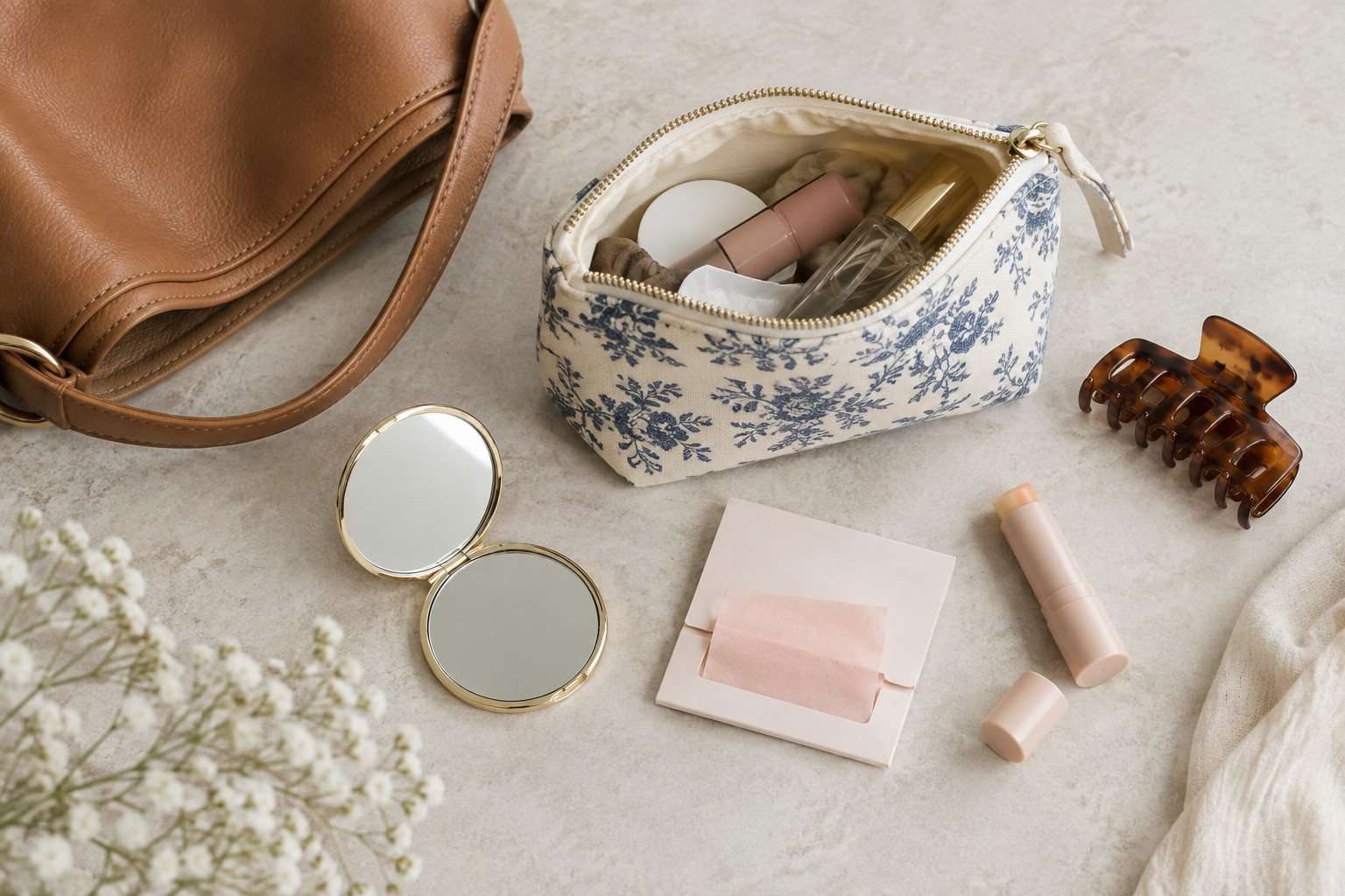 Neceser abierto con cosméticos pequeños y accesorios junto a un bolso.